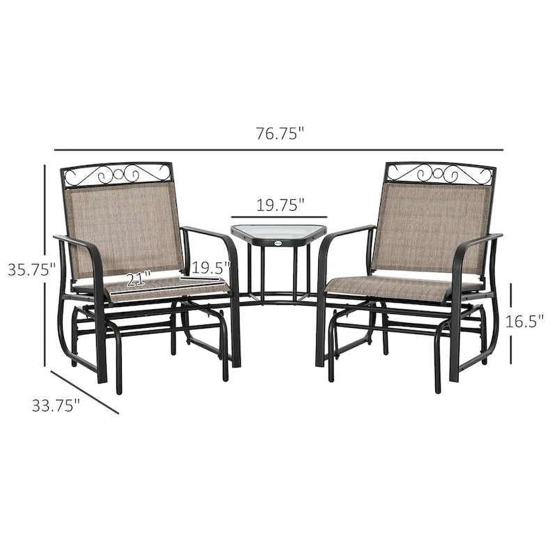 Outdoor Glider Chairs with Coffee Table, Patio 2-Seat Rocking Chair Swing with Breathable Sling