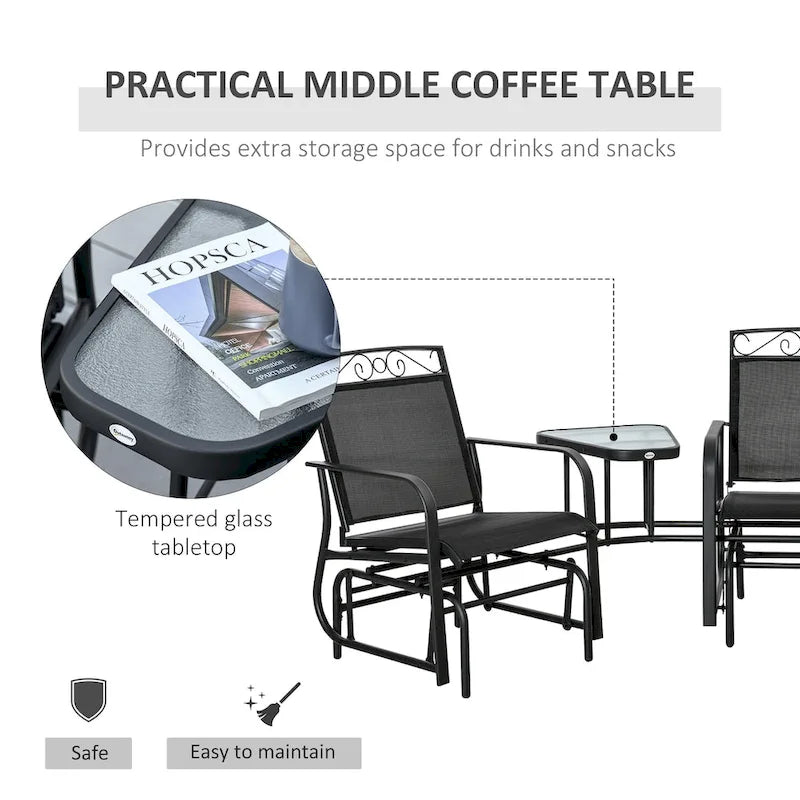 Outdoor Glider Chairs with Coffee Table, Patio 2-Seat Rocking Chair Swing with Breathable Sling