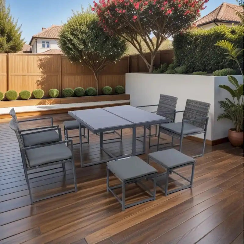 9 Pieces Patio Dining Sets Outdoor Space Saving Rattan Chairs with Glass Table Top