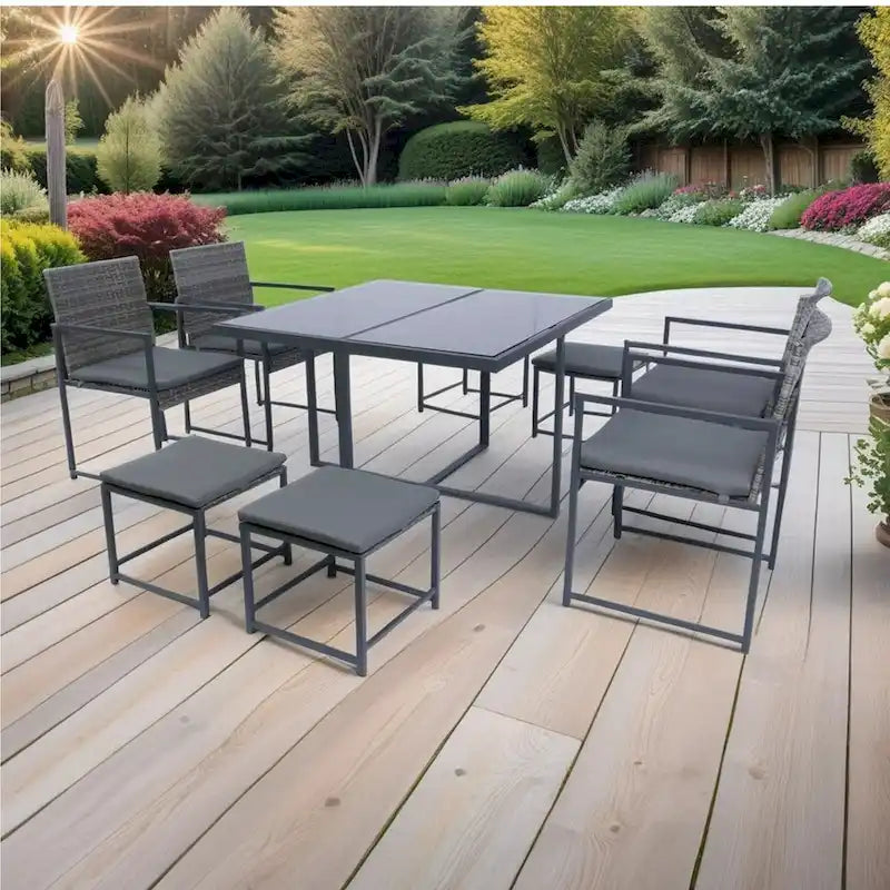 9 Pieces Patio Dining Sets Outdoor Space Saving Rattan Chairs with Glass Table Top