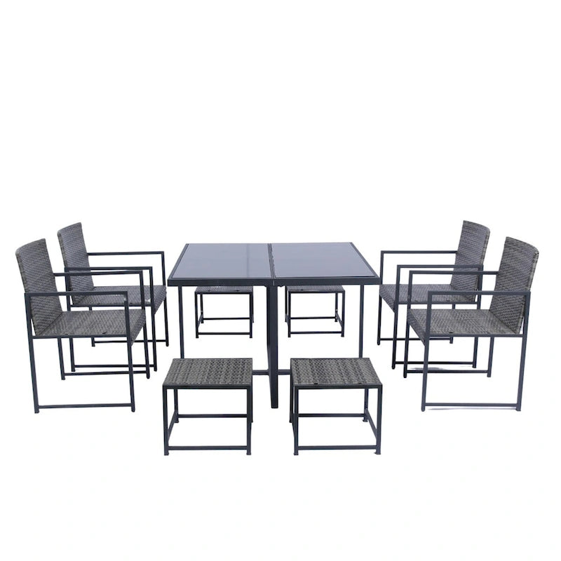 9 Pieces Patio Dining Sets Outdoor Space Saving Rattan Chairs with Glass Table Top