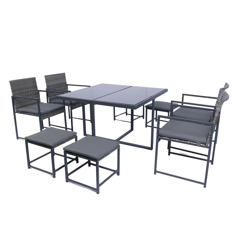 9 Pieces Patio Dining Sets Outdoor Space Saving Rattan Chairs with Glass Table Top