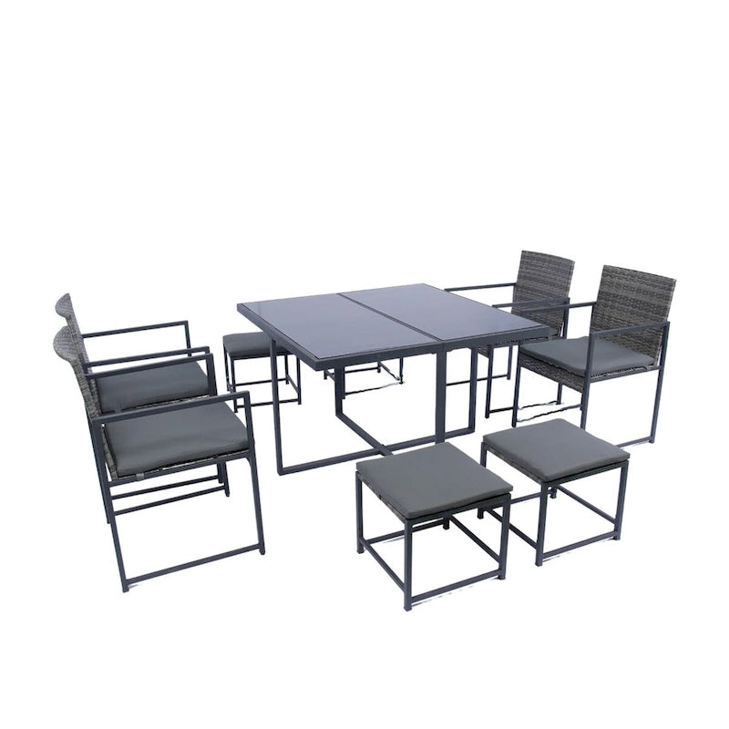 9 Pieces Patio Dining Sets Outdoor Space Saving Rattan Chairs with Glass Table Top
