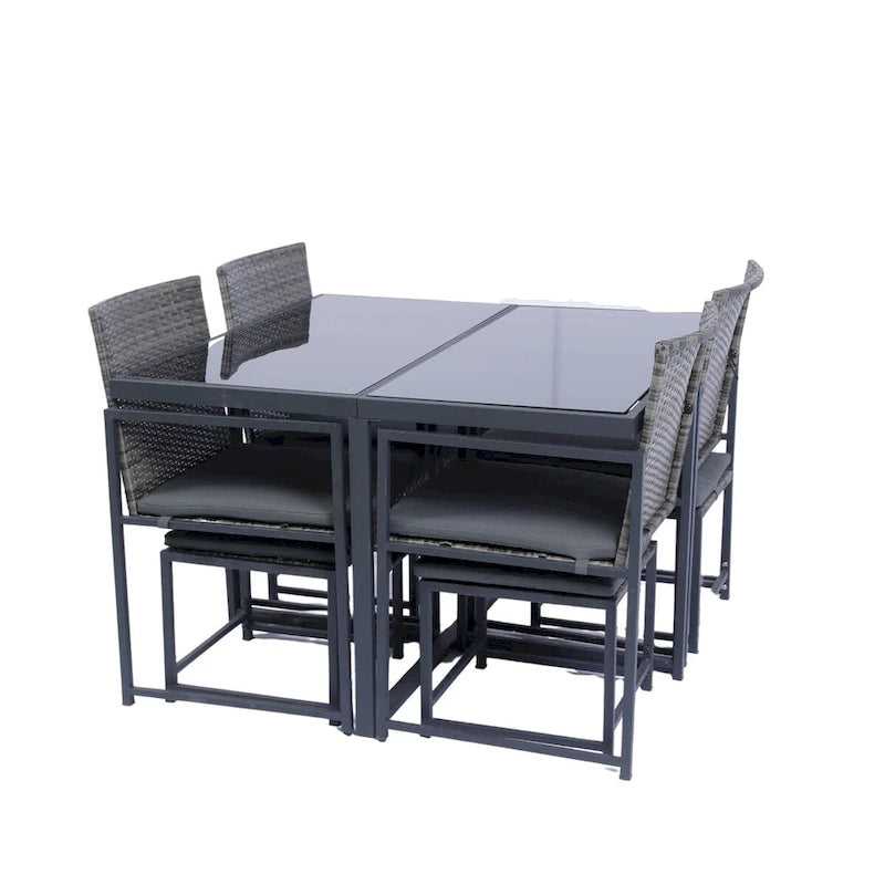 9 Pieces Patio Dining Sets Outdoor Space Saving Rattan Chairs with Glass Table Top