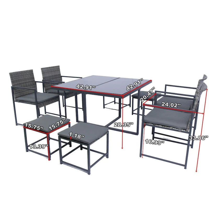 9 Pieces Patio Dining Sets Outdoor Space Saving Rattan Chairs with Glass Table Top