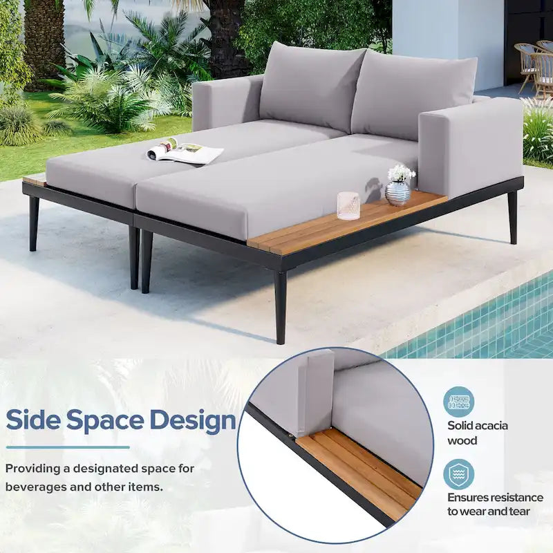 Outdoor Patio Daybed with Acacia Wood Side Spaces