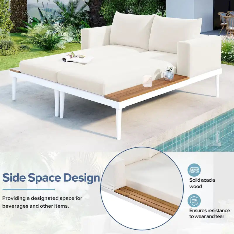 Outdoor Patio Daybed with Acacia Wood Side Spaces