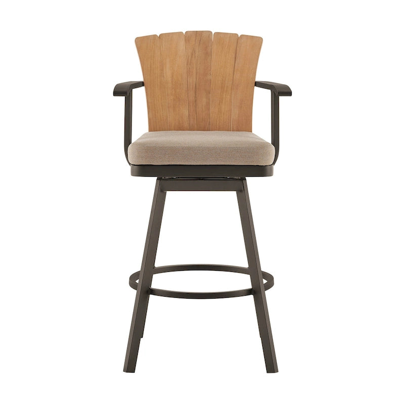 Luna 30 Inch Outdoor Swivel Barstool Chair, Rustic Teak Wood, Brown