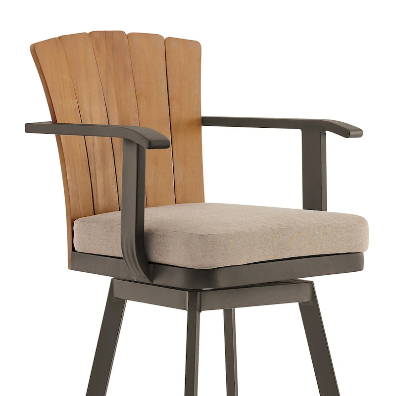Luna 30 Inch Outdoor Swivel Barstool Chair, Rustic Teak Wood, Brown