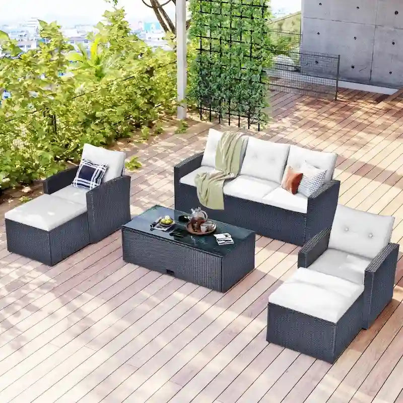 6-Piece All-Weather Wicker PE Rattan Patio Outdoor Conversation Sofa Sectional Set with coffee table and Cushions