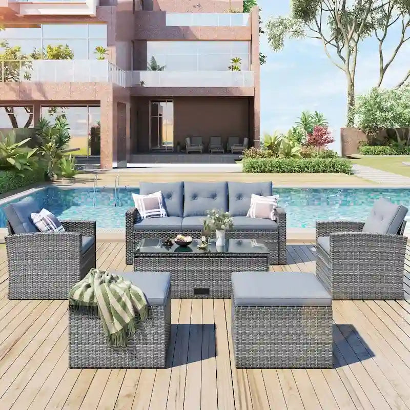6-Piece All-Weather Wicker PE Rattan Patio Outdoor Conversation Sofa Sectional Set with coffee table and Cushions