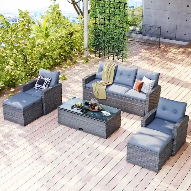 6-Piece All-Weather Wicker PE Rattan Patio Outdoor Conversation Sofa Sectional Set with coffee table and Cushions