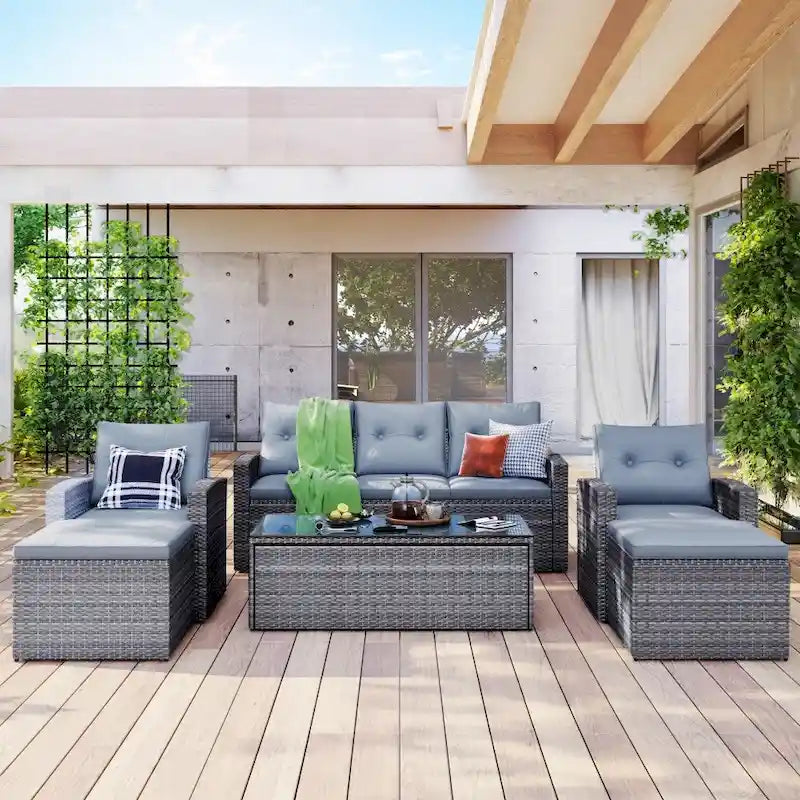 6-Piece All-Weather Wicker PE Rattan Patio Outdoor Conversation Sofa Sectional Set with coffee table and Cushions