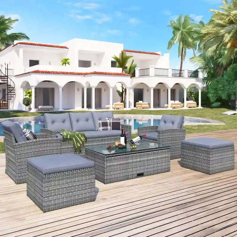 6-Piece All-Weather Wicker PE Rattan Patio Outdoor Conversation Sofa Sectional Set with coffee table and Cushions