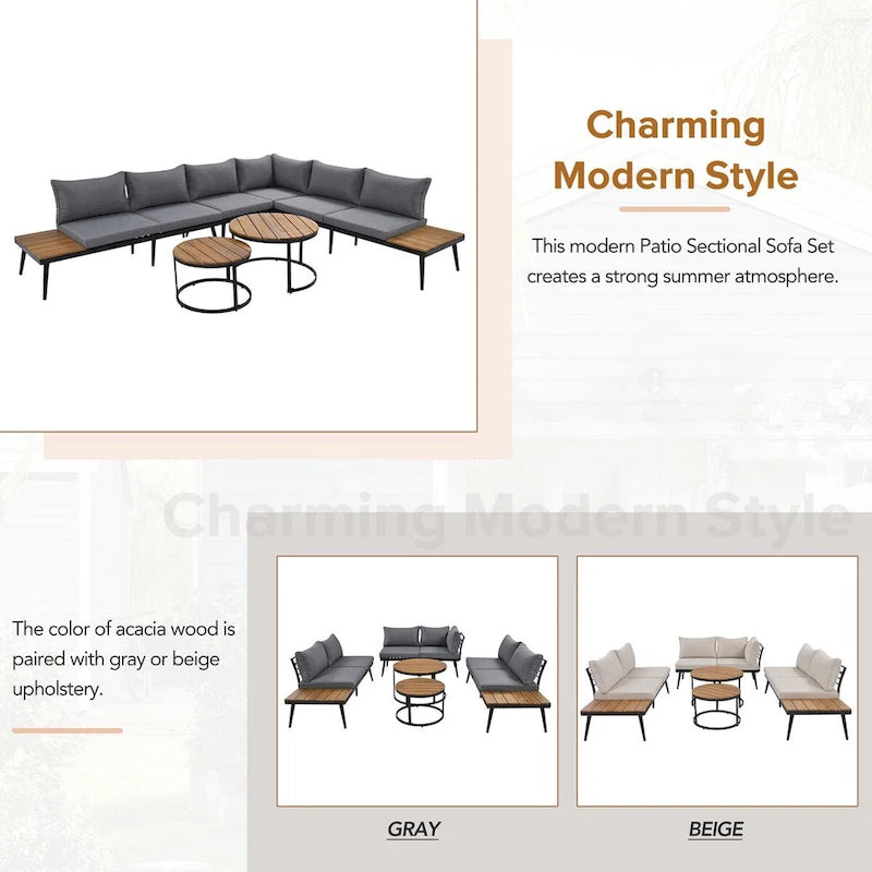 Grey Acacia Wood Outdoor Sectional Sofa Set