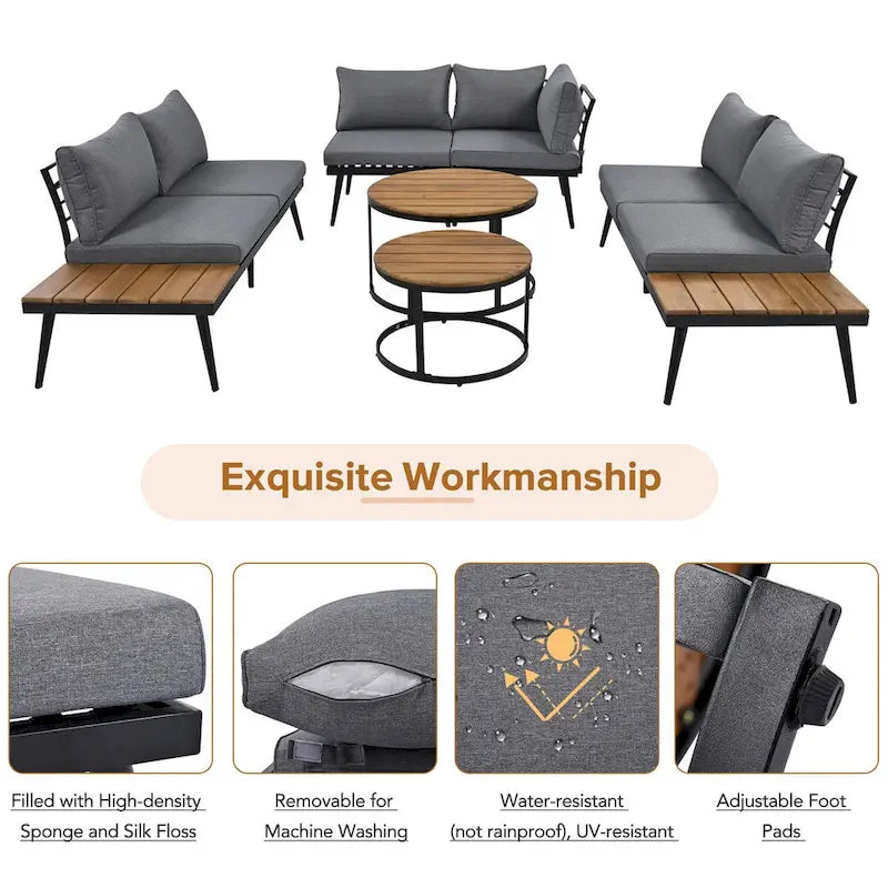 Grey Acacia Wood Outdoor Sectional Sofa Set
