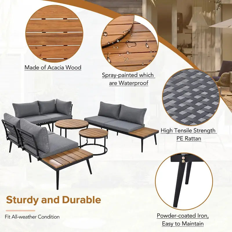 Grey Acacia Wood Outdoor Sectional Sofa Set