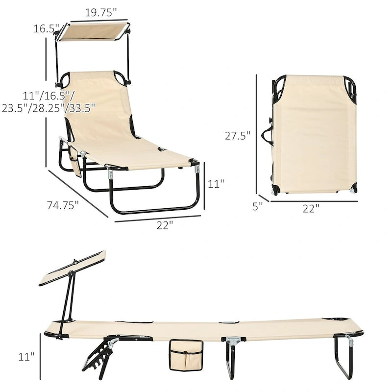 Folding Chaise Lounge Pool Chairs, Outdoor Sun Tanning Chairs with Canopy Shade