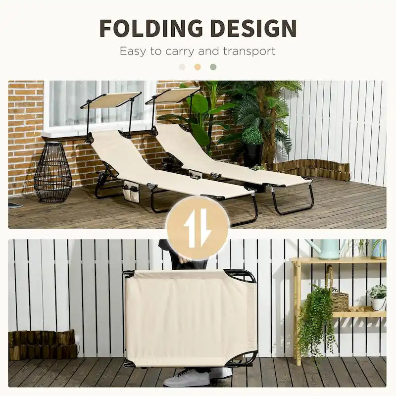Folding Chaise Lounge Pool Chairs, Outdoor Sun Tanning Chairs with Canopy Shade