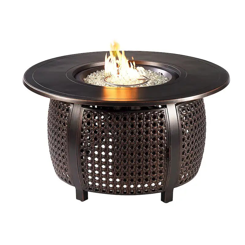 Outdoor Aluminum 44 in. Round Fire Table Set with Four Deep Seating Swivel Rocking Chairs & Accessories