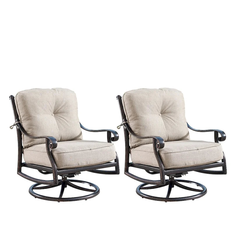 Outdoor Aluminum 44 in. Round Fire Table Set with Four Deep Seating Swivel Rocking Chairs & Accessories