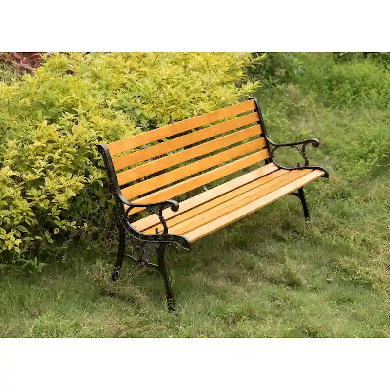 Wooden Outdoor Park Patio Garden Yard Bench Steel Armrest Legs