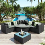 7-piece Outdoor Wicker Conversation Sofa Set With Striped Green Pillows