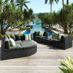 7-piece Outdoor Wicker Conversation Sofa Set With Striped Green Pillows