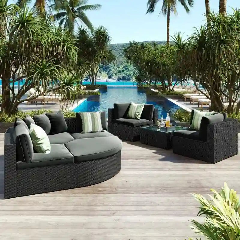 7-piece Outdoor Wicker Conversation Sofa Set With Striped Green Pillows