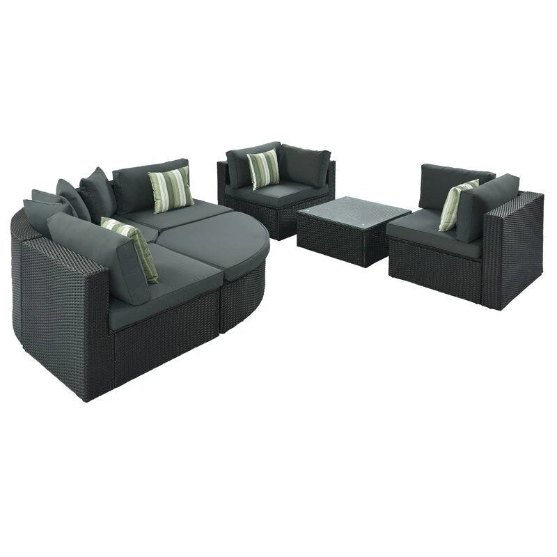 7-piece Outdoor Wicker Conversation Sofa Set With Striped Green Pillows