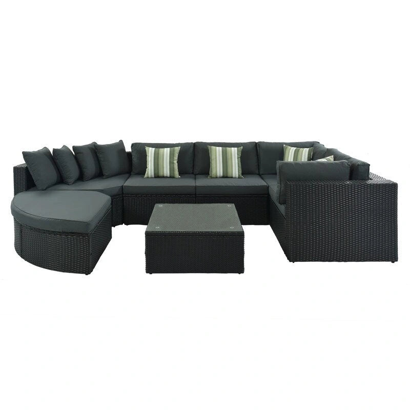 7-piece Outdoor Wicker Conversation Sofa Set With Striped Green Pillows