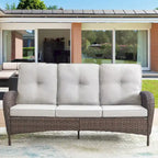 Rattan Sofa Couch with Swivel Rocking Chairs, Ottomans - Brown