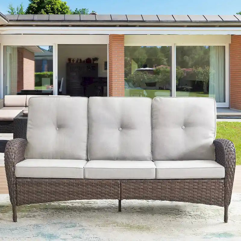 Rattan Sofa Couch with Swivel Rocking Chairs, Ottomans - Brown