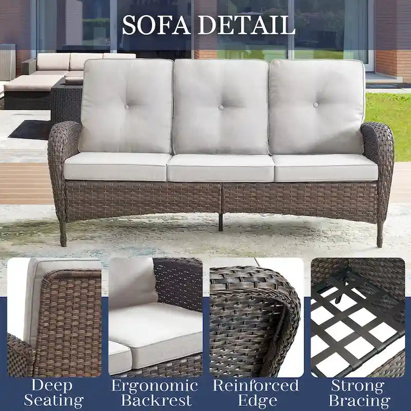 Rattan Sofa Couch with Swivel Rocking Chairs, Ottomans - Brown