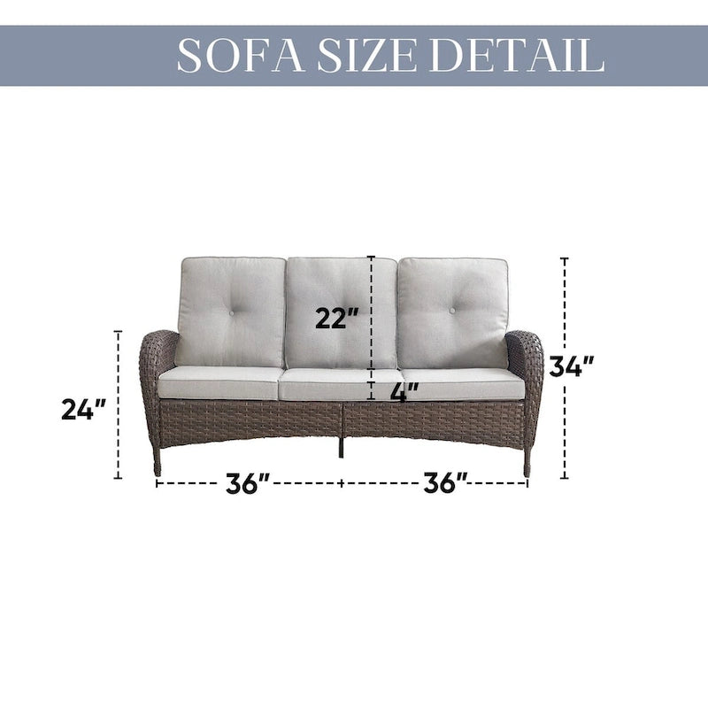 Rattan Sofa Couch with Swivel Rocking Chairs, Ottomans - Brown