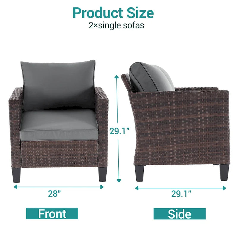 BONOSUKI 2Pcs Patio Single Sofa Set Brown Rattan Outdoor Furniture Set