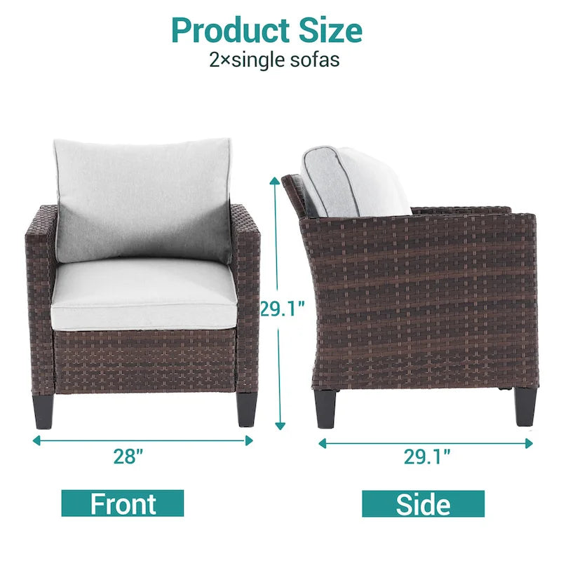 BONOSUKI 2Pcs Patio Single Sofa Set Brown Rattan Outdoor Furniture Set