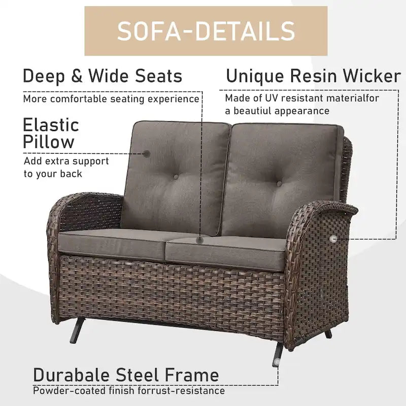 Patio Glider Sofa and Swivel Chair with Ottoman - Brown