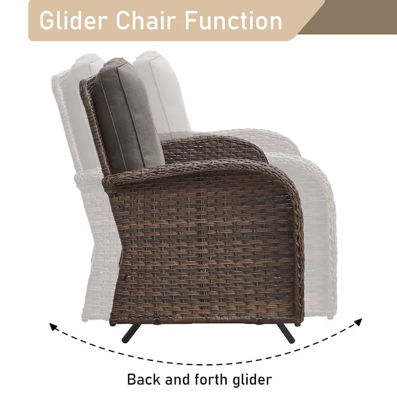 Patio Glider Sofa and Swivel Chair with Ottoman - Brown