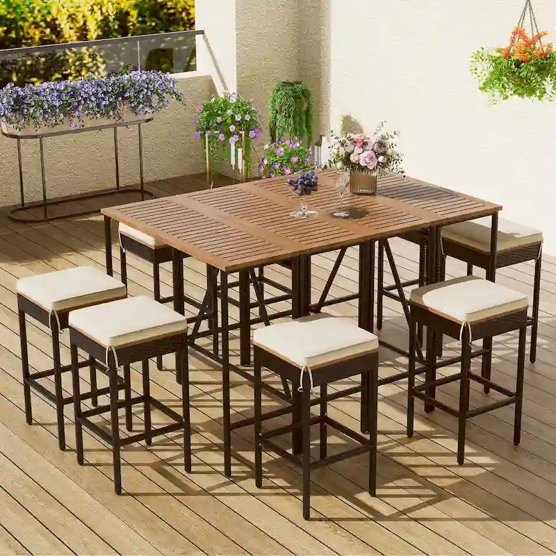 10-Piece Outdoor Table,8 Stools With Cushions,PE Rattan Wicker Dining Table,Foldable Tabletop,All-Weather Patio Furniture