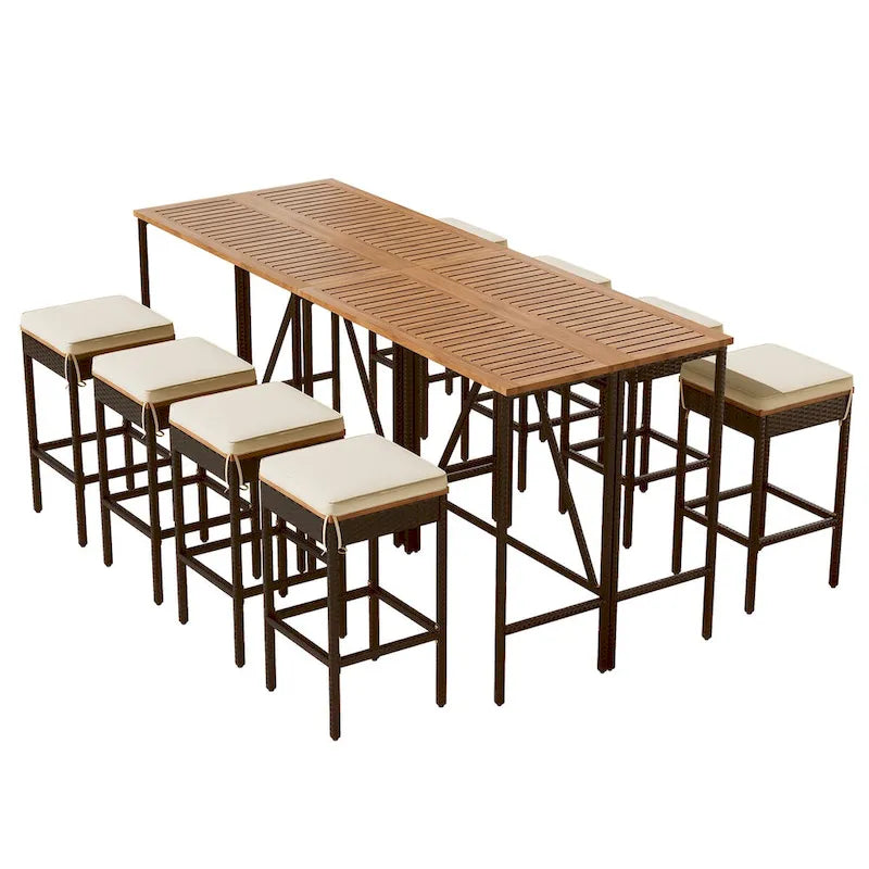 10-Piece Outdoor Table,8 Stools With Cushions,PE Rattan Wicker Dining Table,Foldable Tabletop,All-Weather Patio Furniture