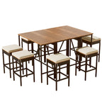 10-Piece Outdoor Table,8 Stools With Cushions,PE Rattan Wicker Dining Table,Foldable Tabletop,All-Weather Patio Furniture