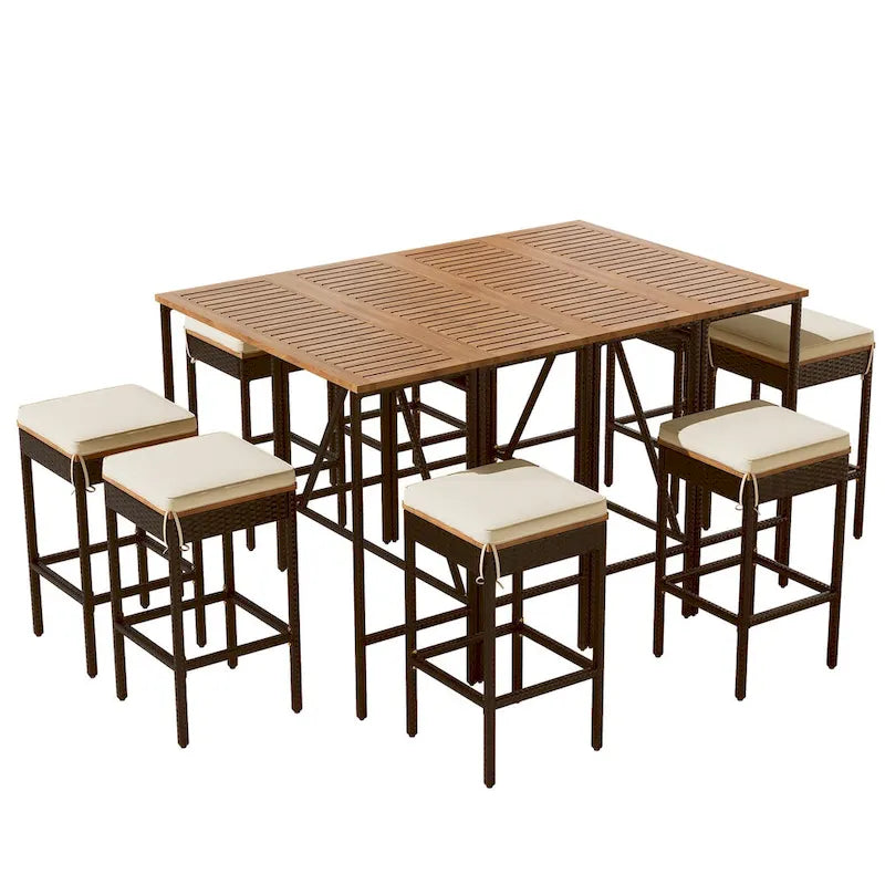 10-Piece Outdoor Table,8 Stools With Cushions,PE Rattan Wicker Dining Table,Foldable Tabletop,All-Weather Patio Furniture
