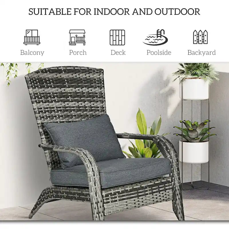 Patio Wicker Adirondack Chair, All-Weather Rattan Fire Pit Chair Soft Cushions, Tall Curved Backrest and Armrests