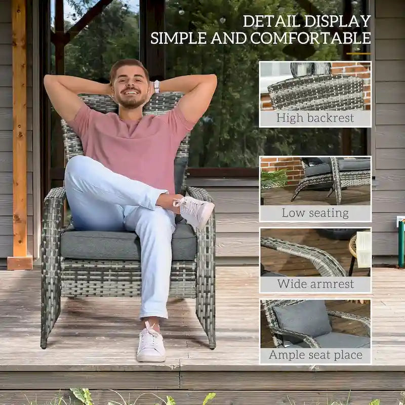 Patio Wicker Adirondack Chair, All-Weather Rattan Fire Pit Chair Soft Cushions, Tall Curved Backrest and Armrests