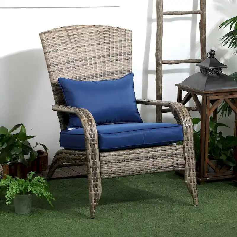 Patio Wicker Adirondack Chair, All-Weather Rattan Fire Pit Chair Soft Cushions, Tall Curved Backrest and Armrests
