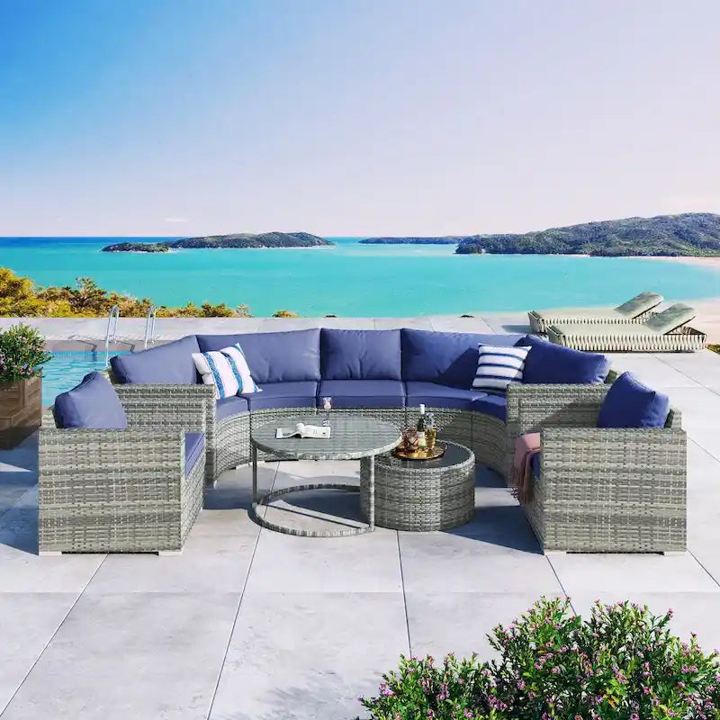 9-Pieces Outdoor Half-moon Patio Sofa Set Gray Wicker and Blue Cushion