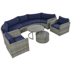 9-Pieces Outdoor Half-moon Patio Sofa Set Gray Wicker and Blue Cushion