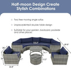 9-Pieces Outdoor Half-moon Patio Sofa Set Gray Wicker and Blue Cushion