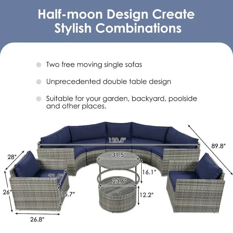9-Pieces Outdoor Half-moon Patio Sofa Set Gray Wicker and Blue Cushion